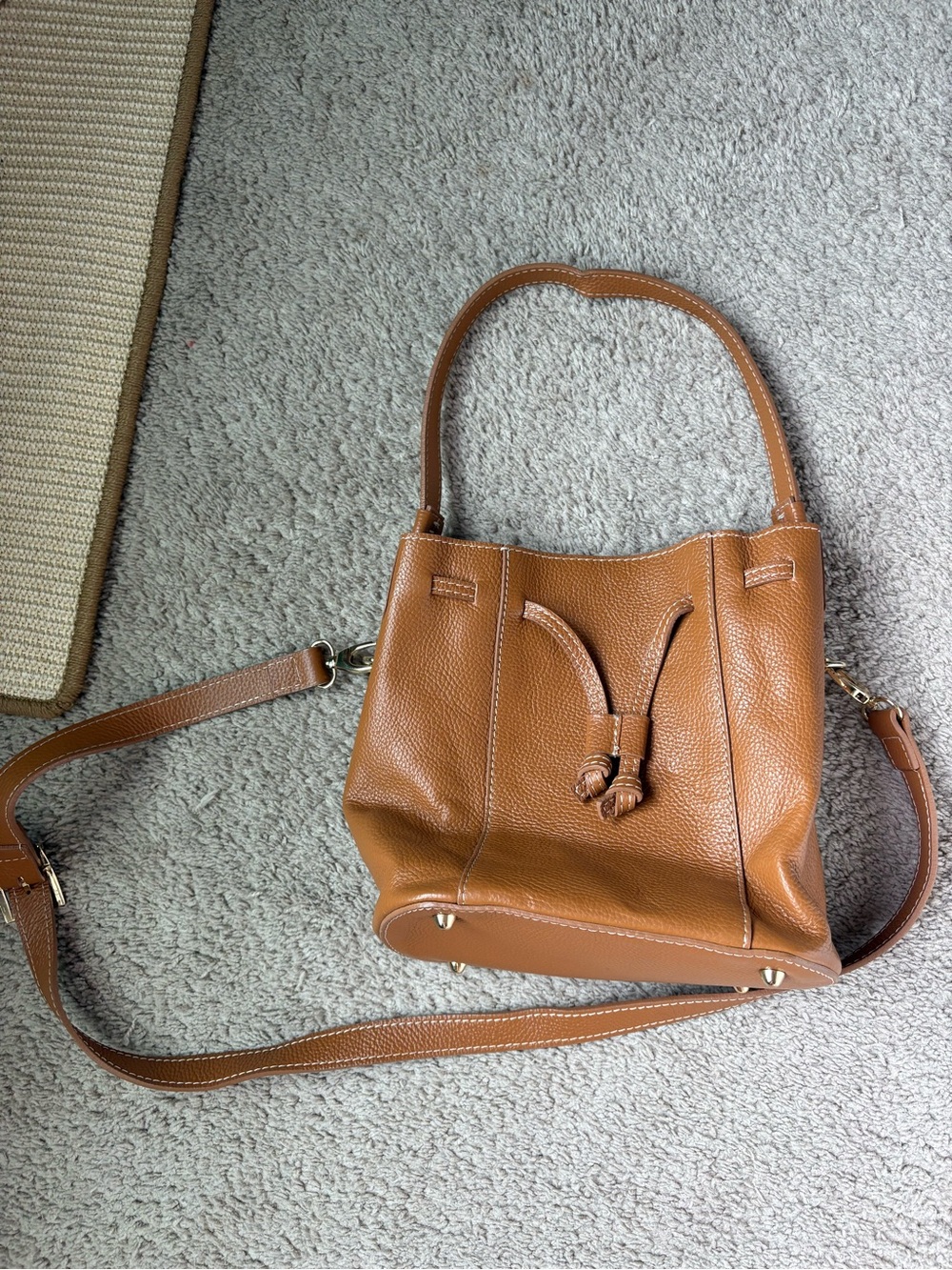 Women's Tan Pebbled Leather Bucket Bag with Knot Drawstring